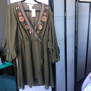 Cinched Waist Wrap Front Embroidered Neck Dress